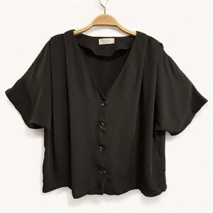 Elodie Black Short Sleeve Pleated Shoukder Button-Down Shirt